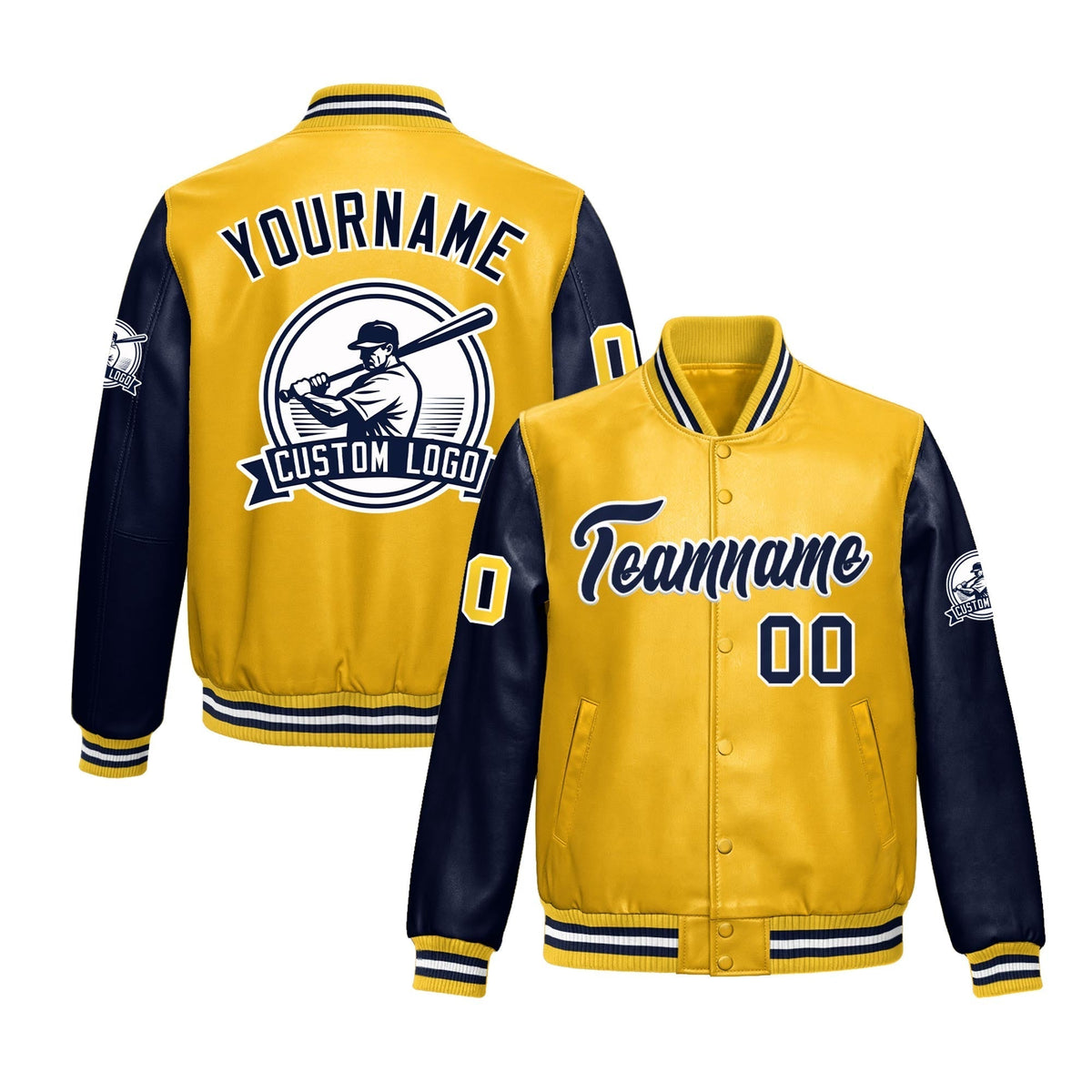 Custom Yellow Navy Jacket With Faux Leather Full-Snap Letterman Style for Schools, Teams & Colleges