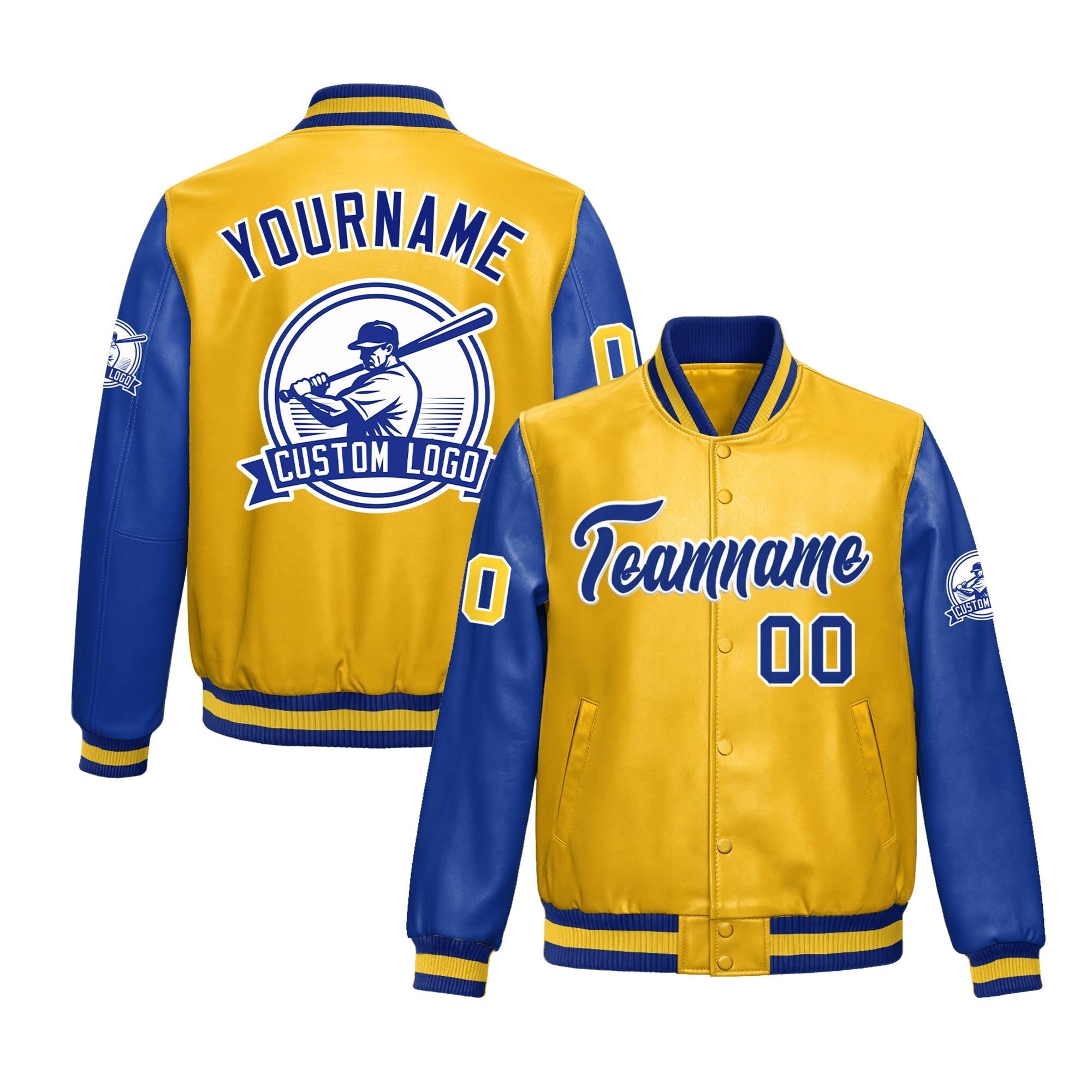 Custom Yellow Royal Blue Raglan Sleeves Full-Snap Faux Leather Letterman Jacket| KXKSHOP