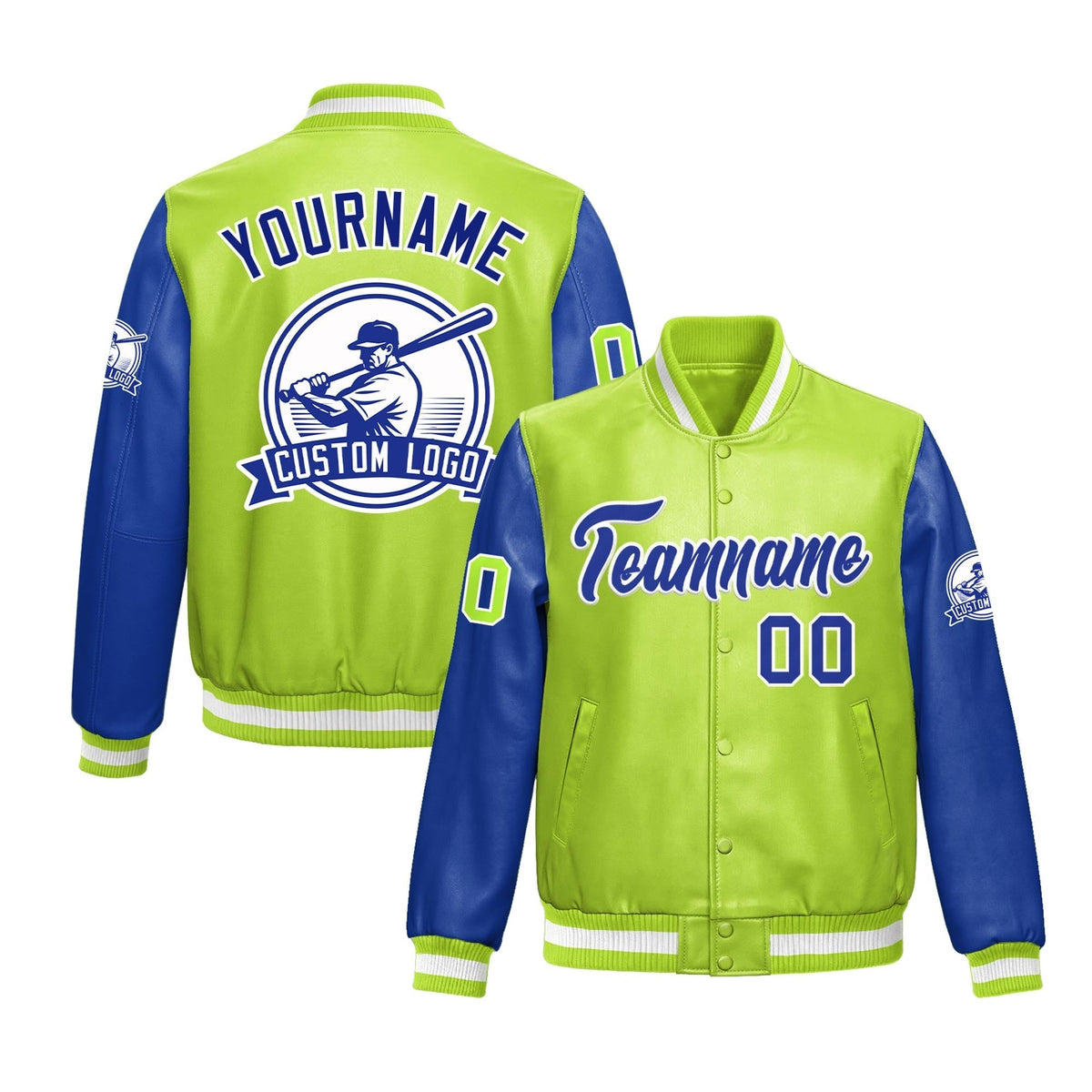 Custom Neon Green Royal Blue Jacket With Faux Leather Full-Snap Letterman Style for Schools, Teams & Colleges