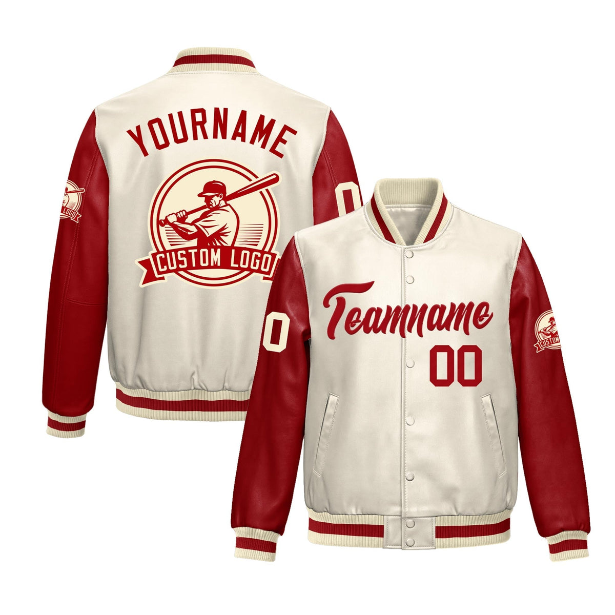 Custom Cream Red Jacket With Faux Leather Full-Snap Letterman Style for Schools, Teams & Colleges
