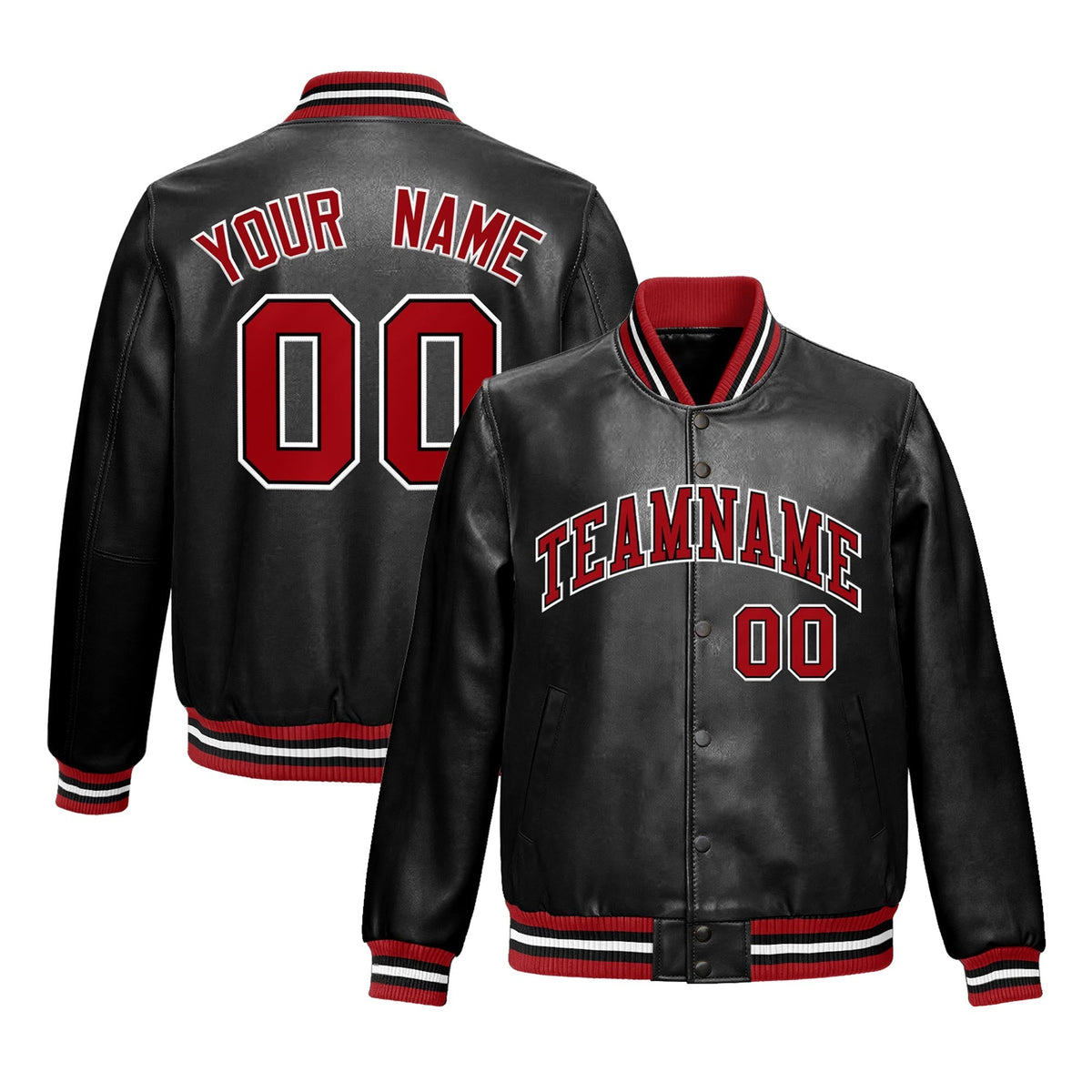 Custom Black Red Full-Snap Varsity Faux Leather Letterman Jacket| KXKSHOP
