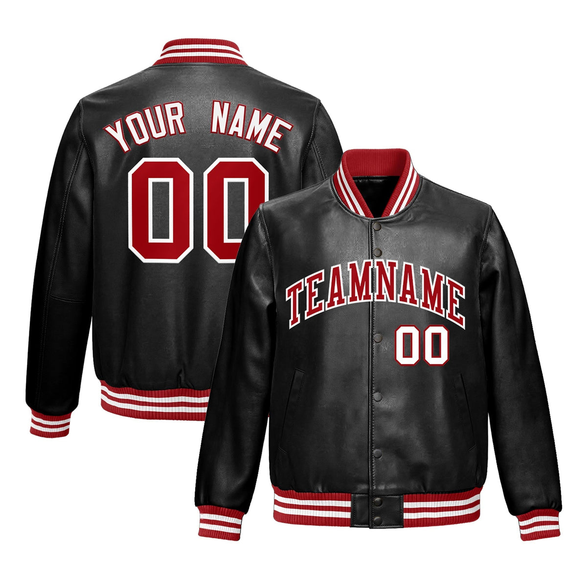 Custom Black Red White Full-Snap Varsity Faux Leather Letterman Jacket| KXKSHOP