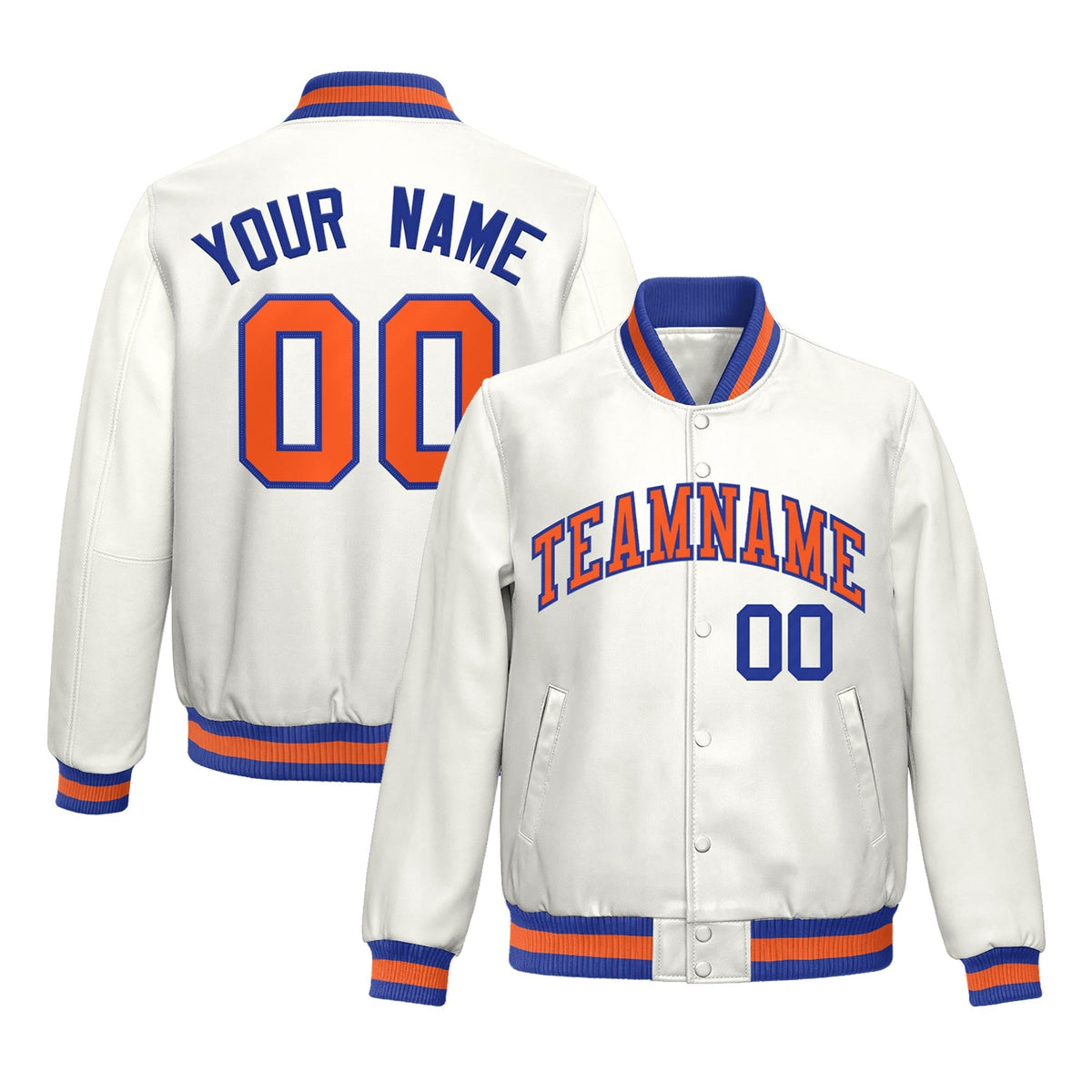Custom White Royal Blue Orange Full-Snap Varsity Faux Leather Letterman Jacket| KXKSHOP