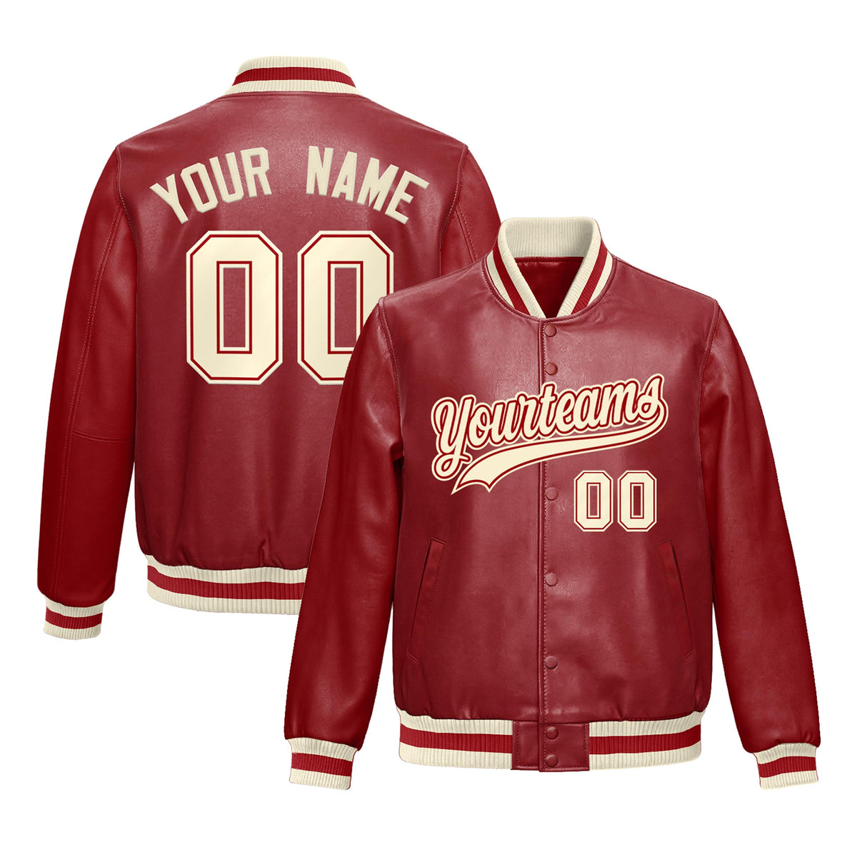 Custom Red Cream Jacket Full-Snap Varsity Faux Leather Letterman Jacket