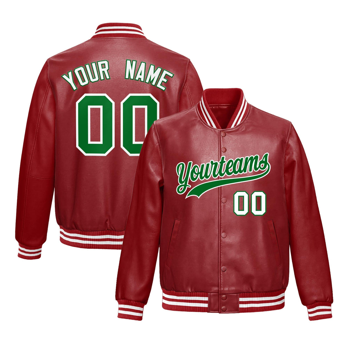 Custom Red Kelly Green Jacket Full-Snap Varsity Faux Leather Letterman Jacket