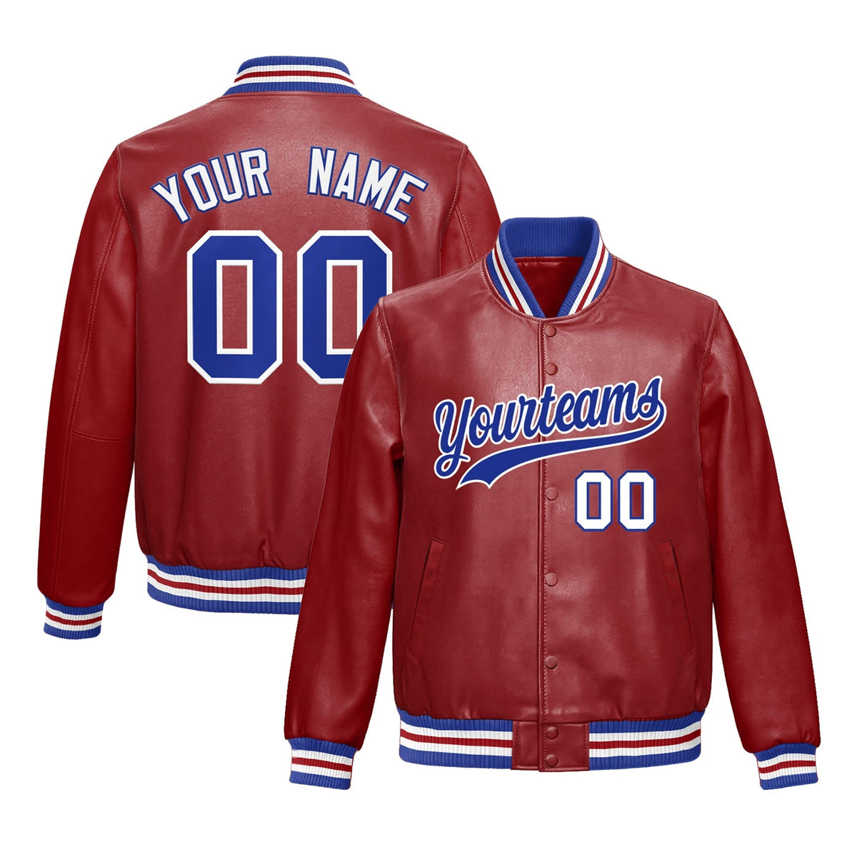 Custom Red Royal Blue Jacket Full-Snap Varsity Faux Leather Letterman Jacket
