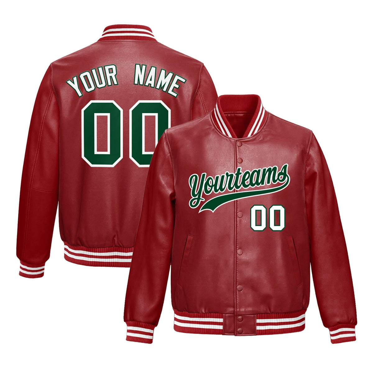 Custom Red Dark Green Jacket Full-Snap Varsity Faux Leather Letterman Jacket