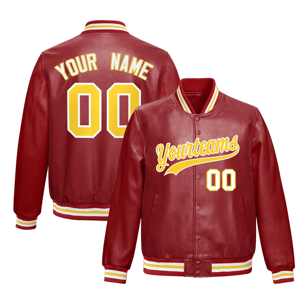 Custom Red Gold Jacket Full-Snap Varsity Faux Leather Letterman Jacket