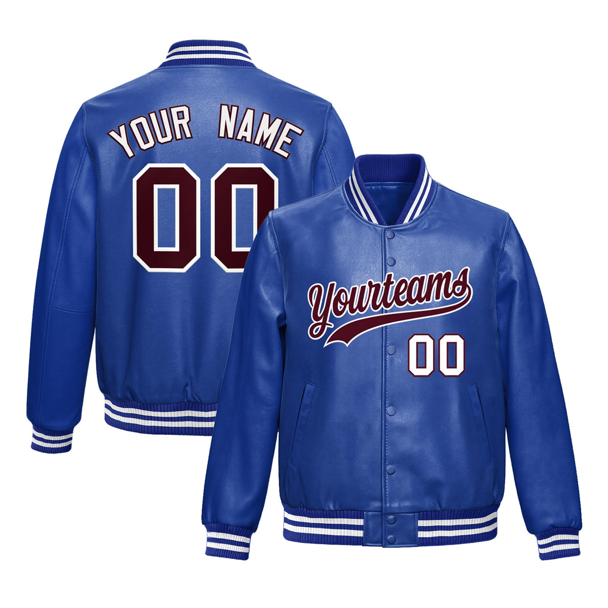 Custom Royal Blue Crimson Jacket Full-Snap Varsity Faux Leather Letterman Jacket