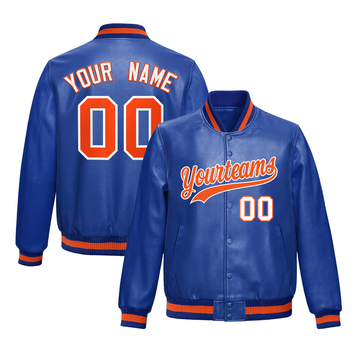 Custom Royal Blue Orange Jacket Full-Snap Varsity Faux Leather Letterman Jacket