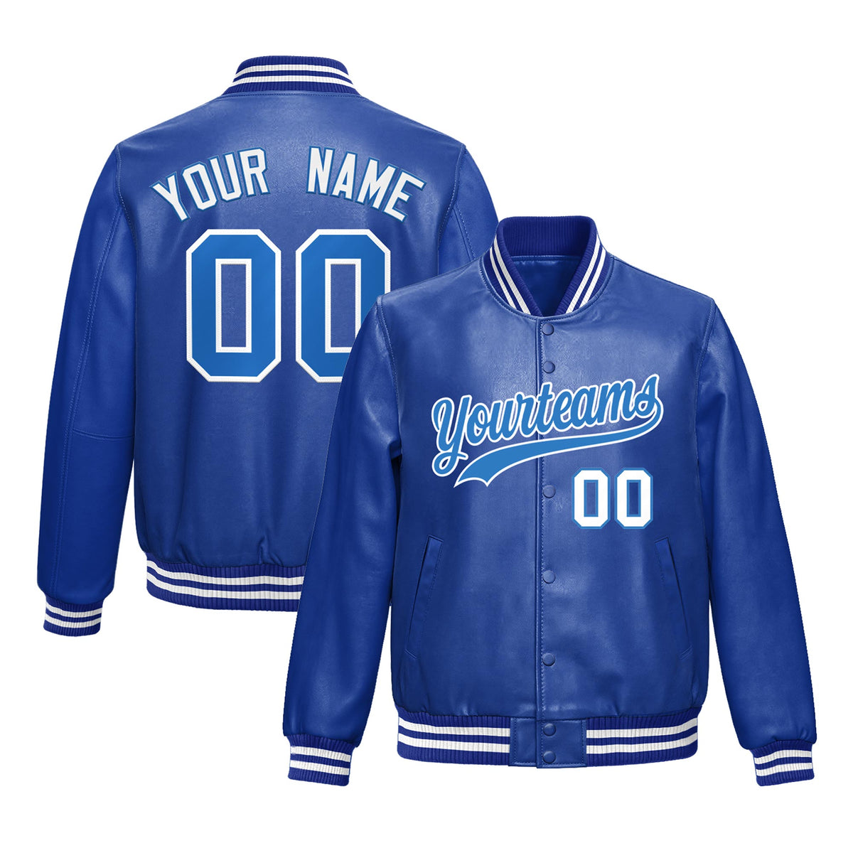 Custom Royal Blue Light Blue Jacket Full-Snap Varsity Faux Leather Letterman Jacket