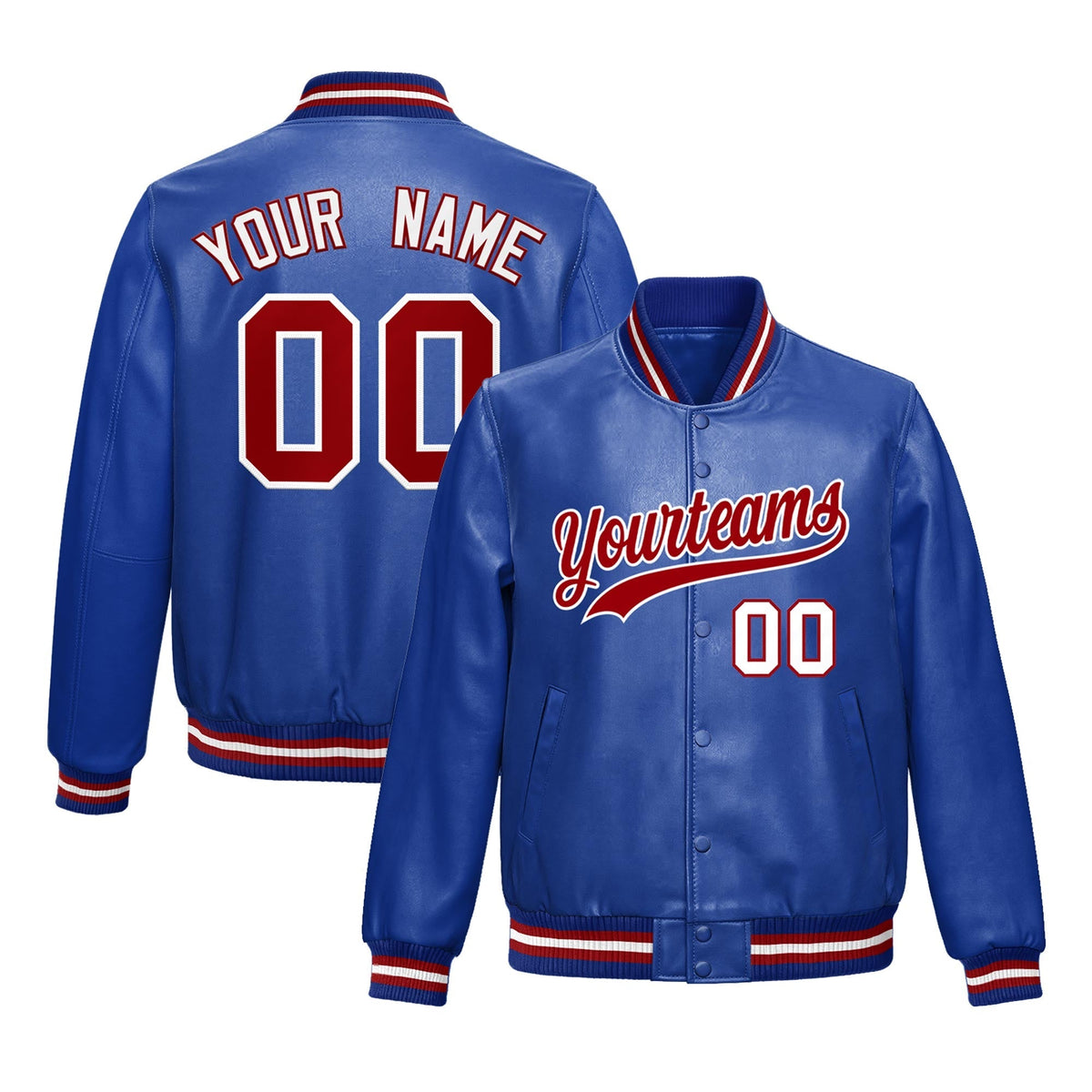Custom Royal Blue Red White Jacket Full-Snap Varsity Faux Leather Letterman Jacket