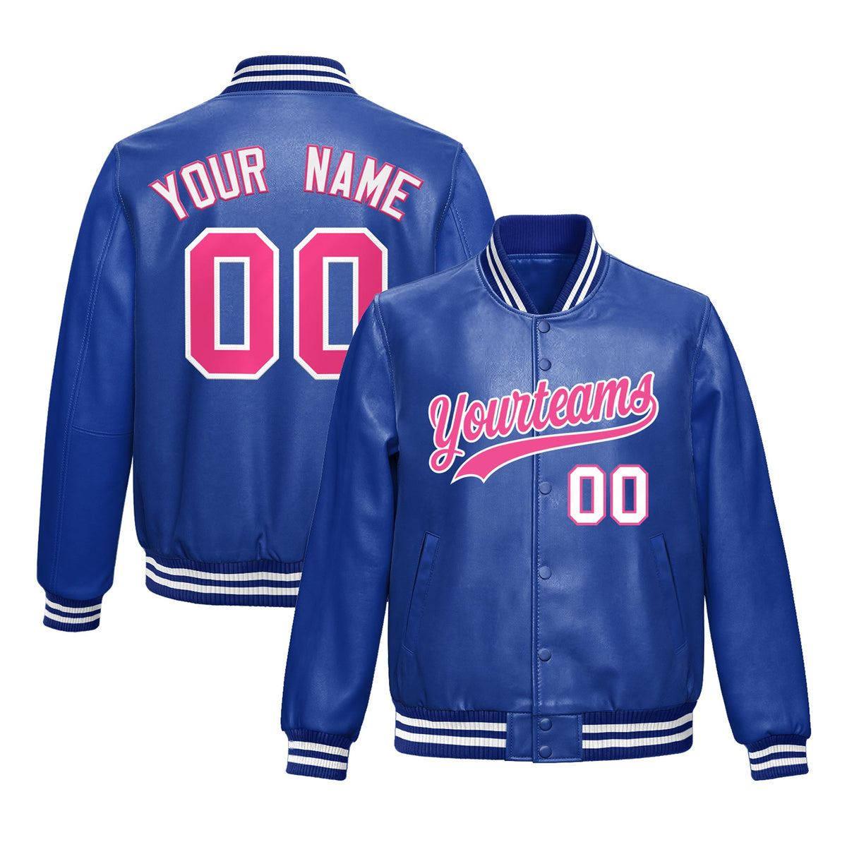 Custom Royal Blue Pink Jacket Full-Snap Varsity Faux Leather Letterman Jacket