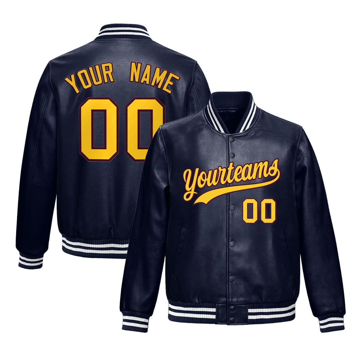 Custom Navy Crimson Gold Jacket Full-Snap Varsity Faux Leather Letterman Jacket