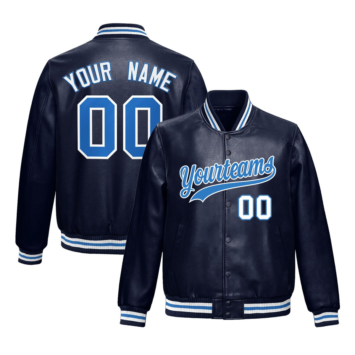 Custom Navy Light Blue Jacket Full-Snap Varsity Faux Leather Letterman Jacket
