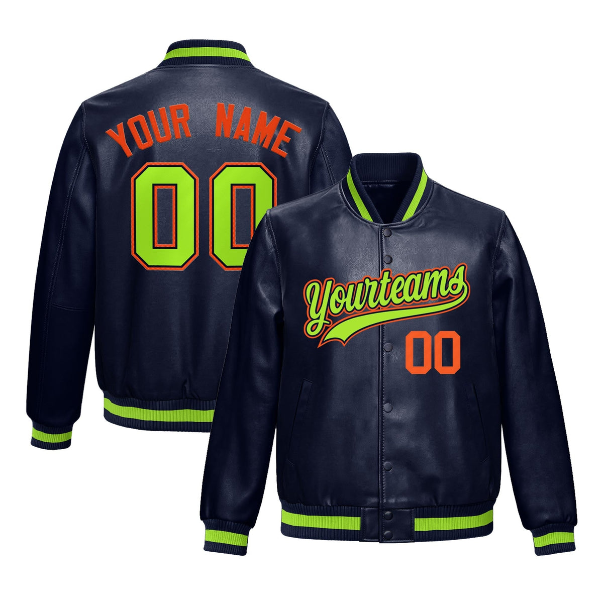 Custom Navy Neon Green Jacket Full-Snap Varsity Faux Leather Letterman Jacket