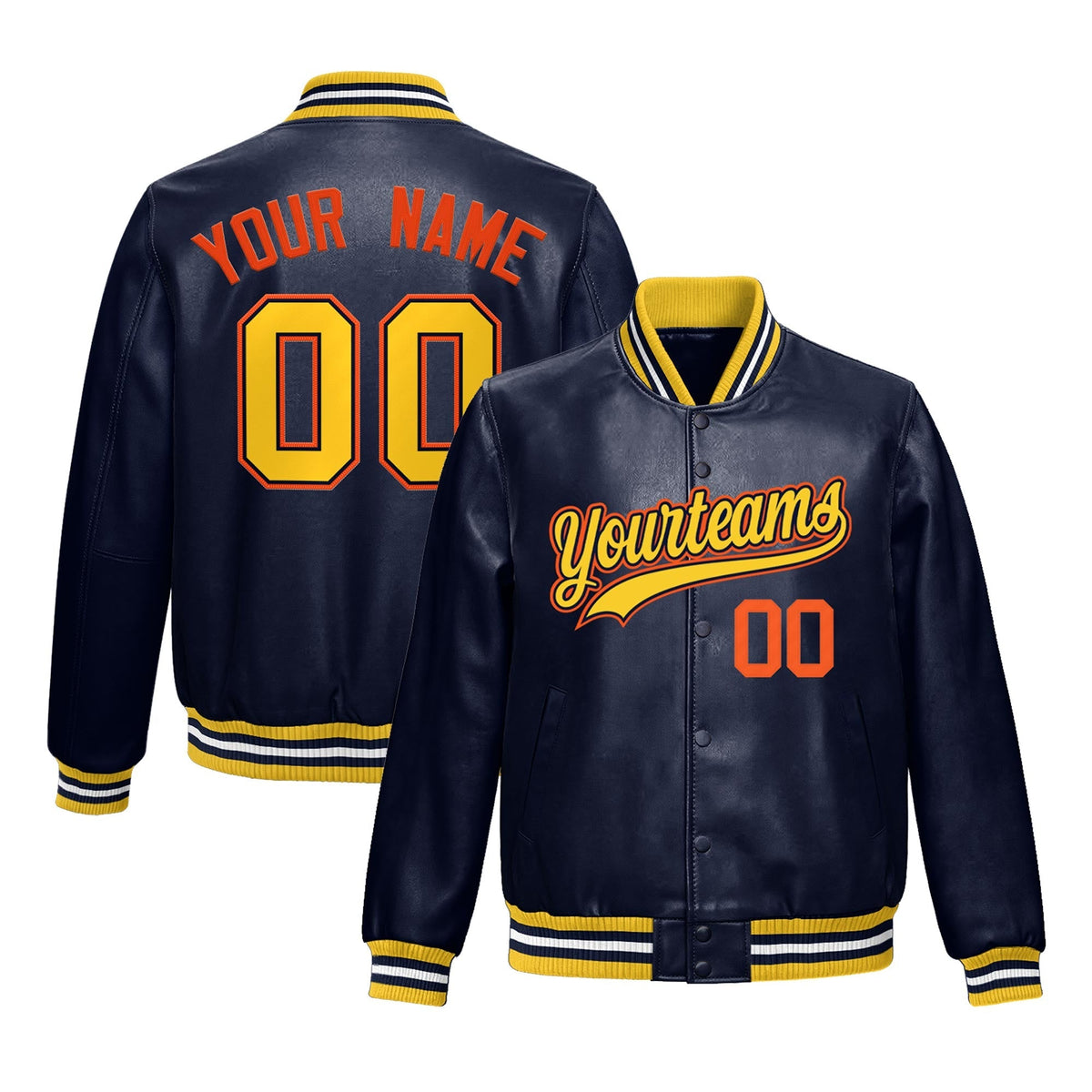 Custom Navy Gold Jacket Full-Snap Varsity Faux Leather Letterman Jacket