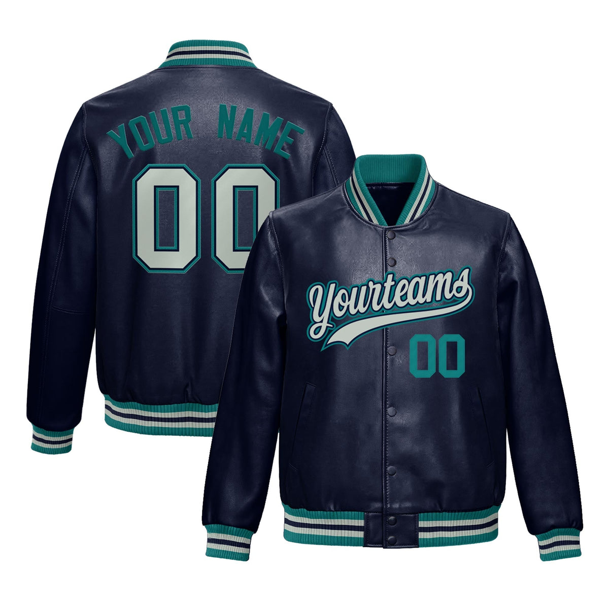 Custom Navy Teal Jacket Full-Snap Varsity Faux Leather Letterman Jacket