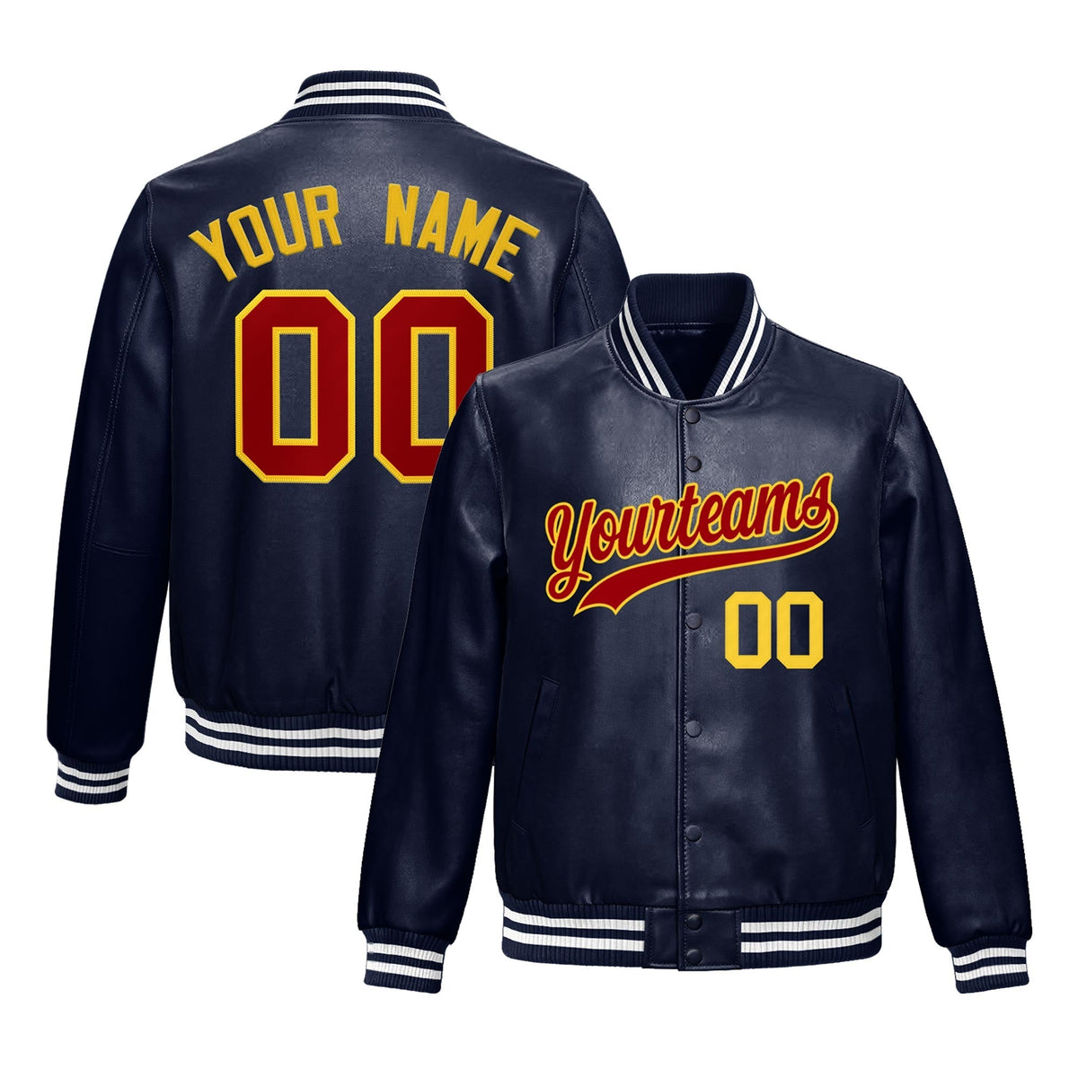 Custom Navy Red Gold Jacket Full-Snap Varsity Faux Leather Letterman Jacket