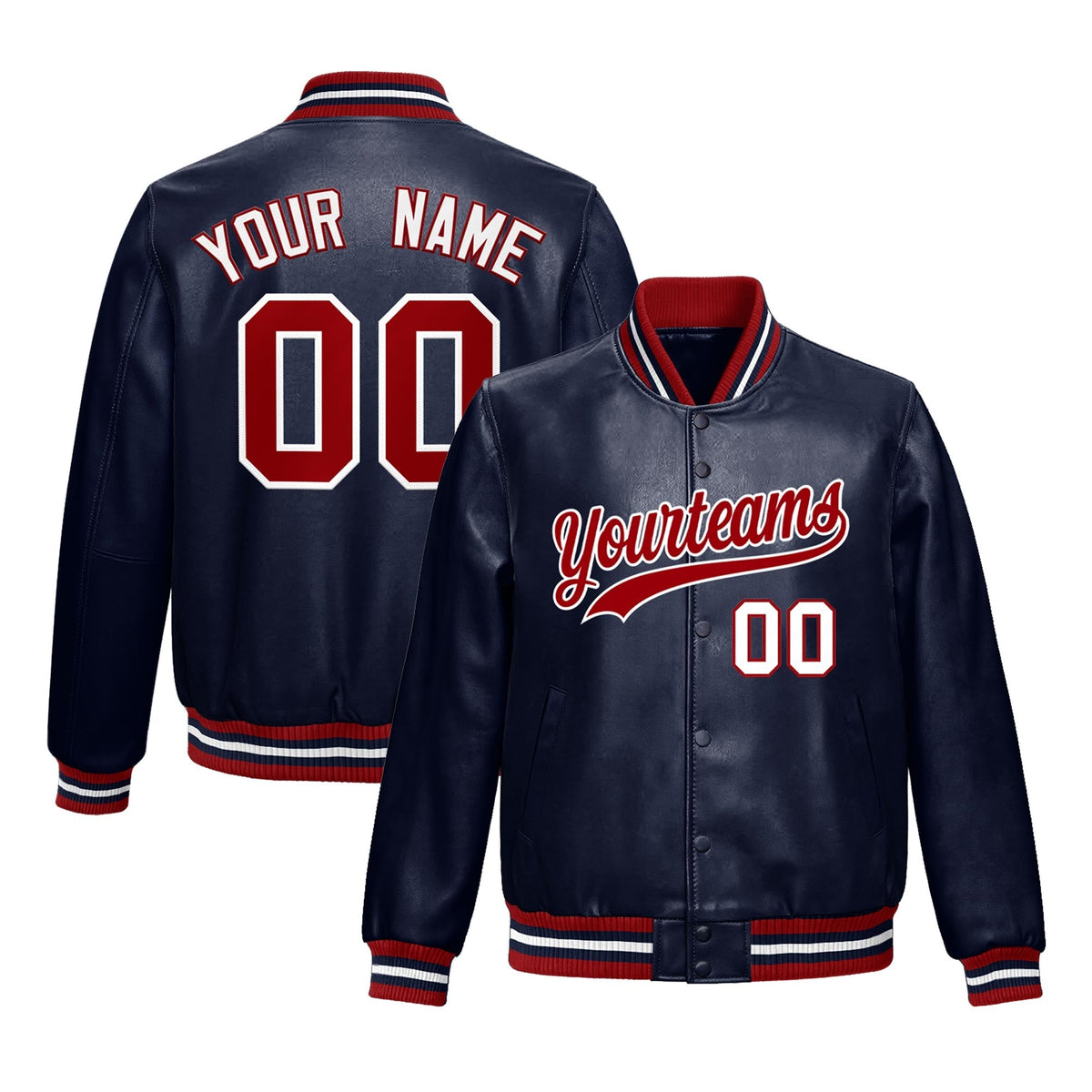 Custom Navy Red Jacket Full-Snap Varsity Faux Leather Letterman Jacket