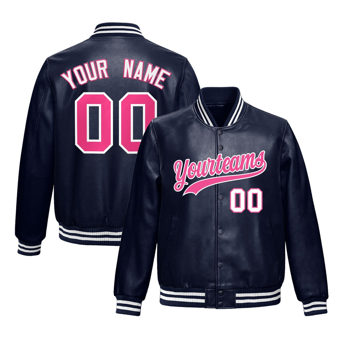 Custom Navy Pink Jacket Full-Snap Varsity Faux Leather Letterman Jacket