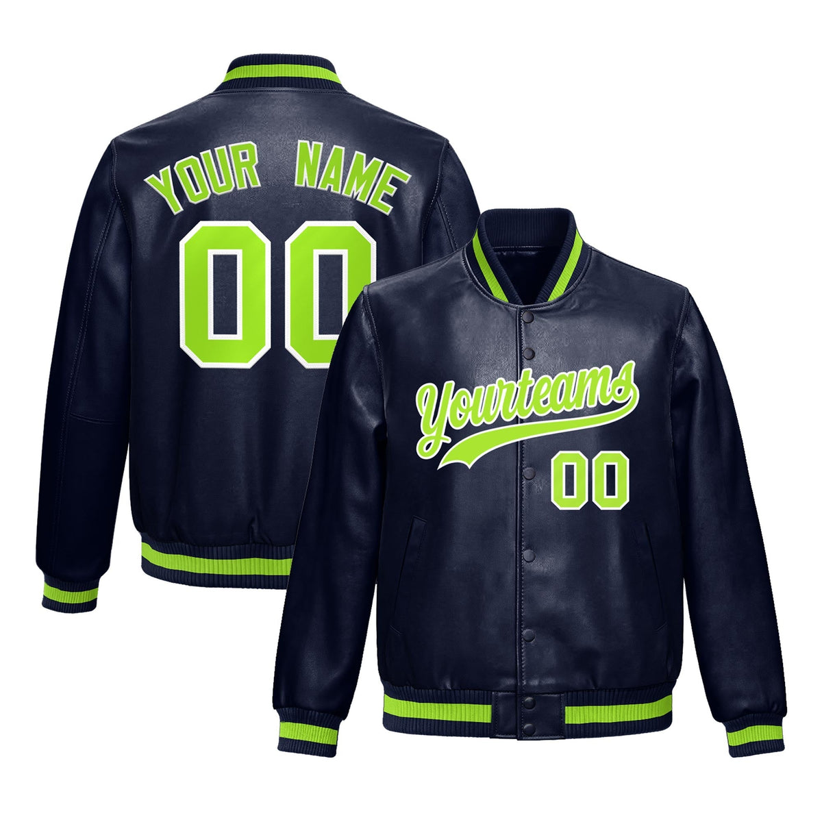 Custom Navy Neon Green White Jacket Full-Snap Varsity Faux Leather Letterman Jacket