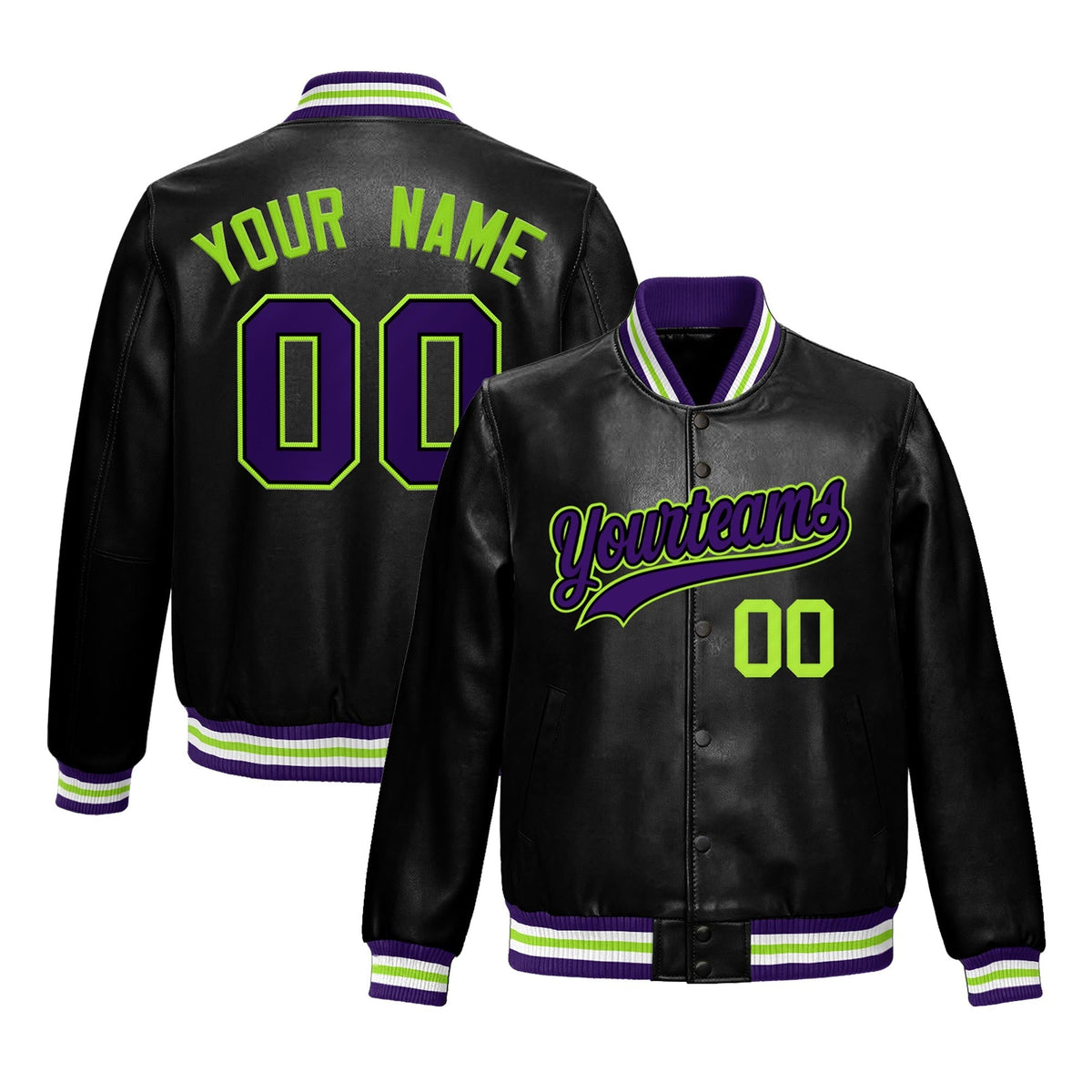 Custom Black Purple Jacket Full-Snap Varsity Faux Leather Letterman Jacket