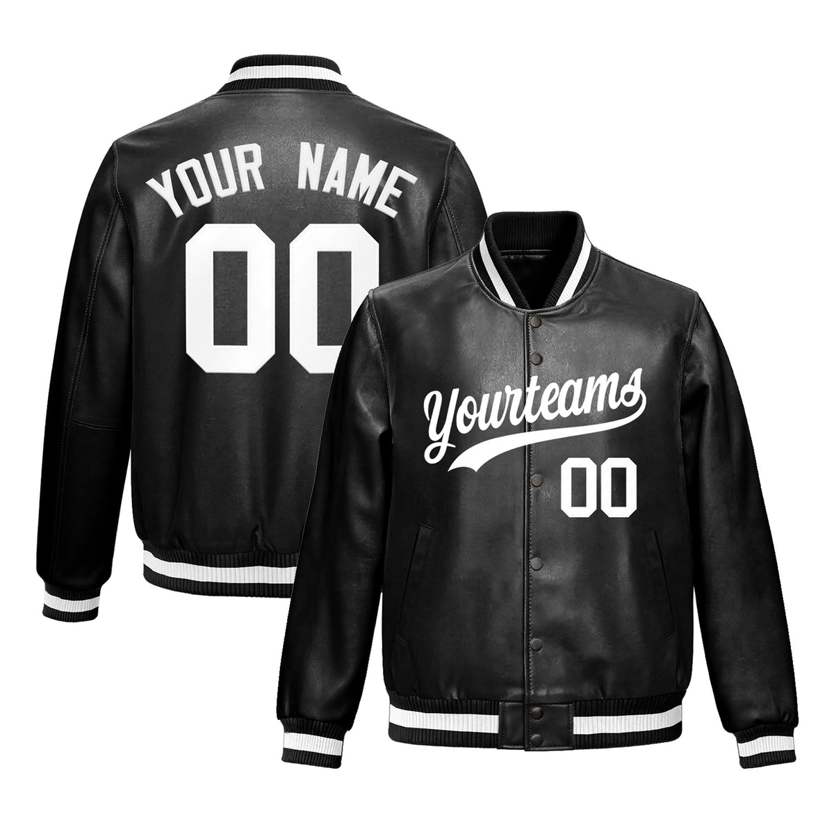 Custom Black White Jacket Full-Snap Varsity Faux Leather Letterman Jacket