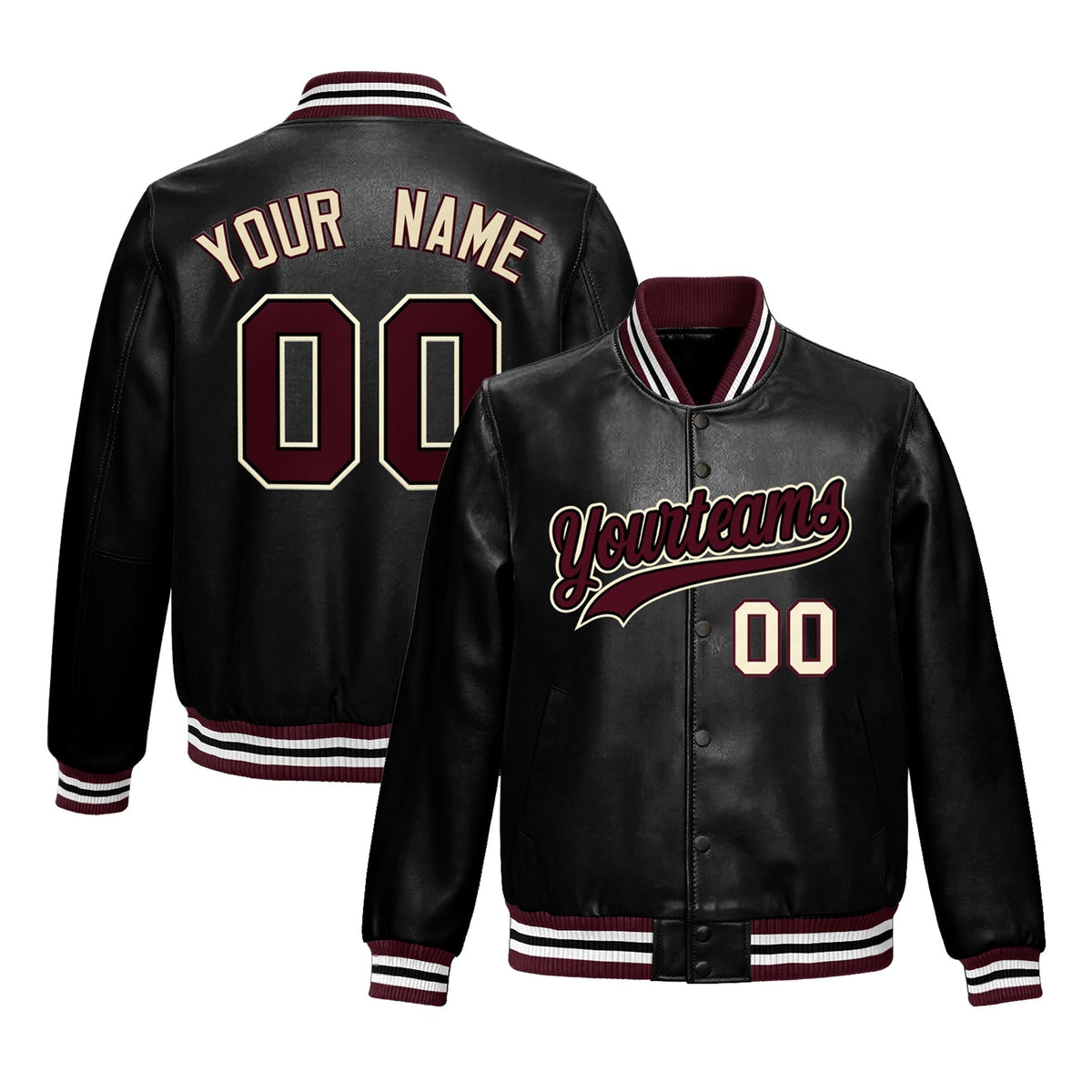Custom Black Crimson White Jacket Full-Snap Varsity Faux Leather Letterman Jacket