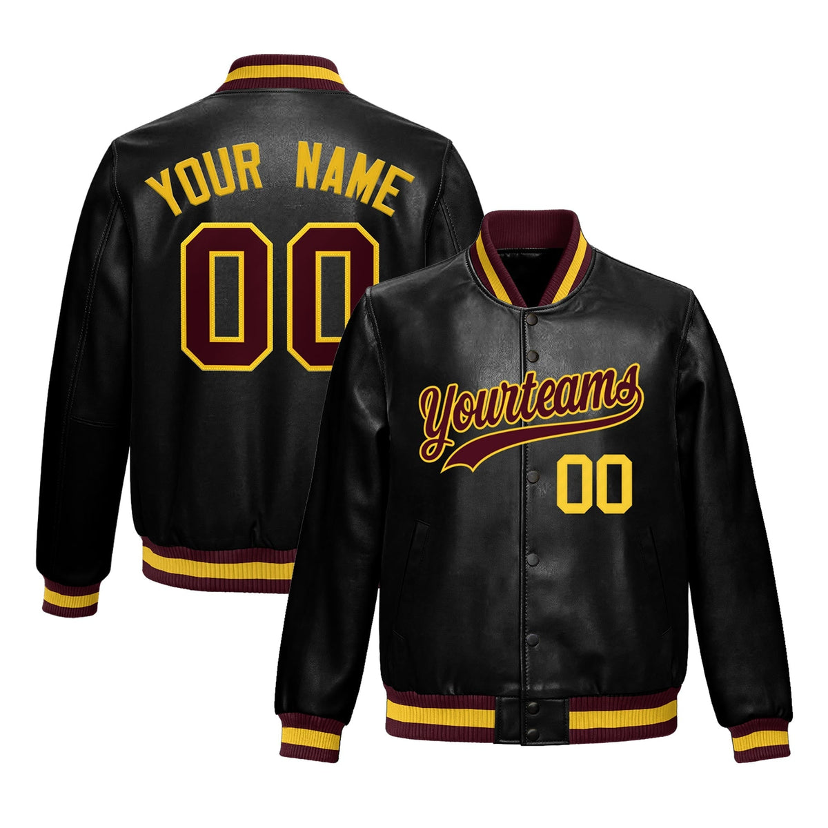 Custom Black Crimson Jacket Full-Snap Varsity Faux Leather Letterman Jacket