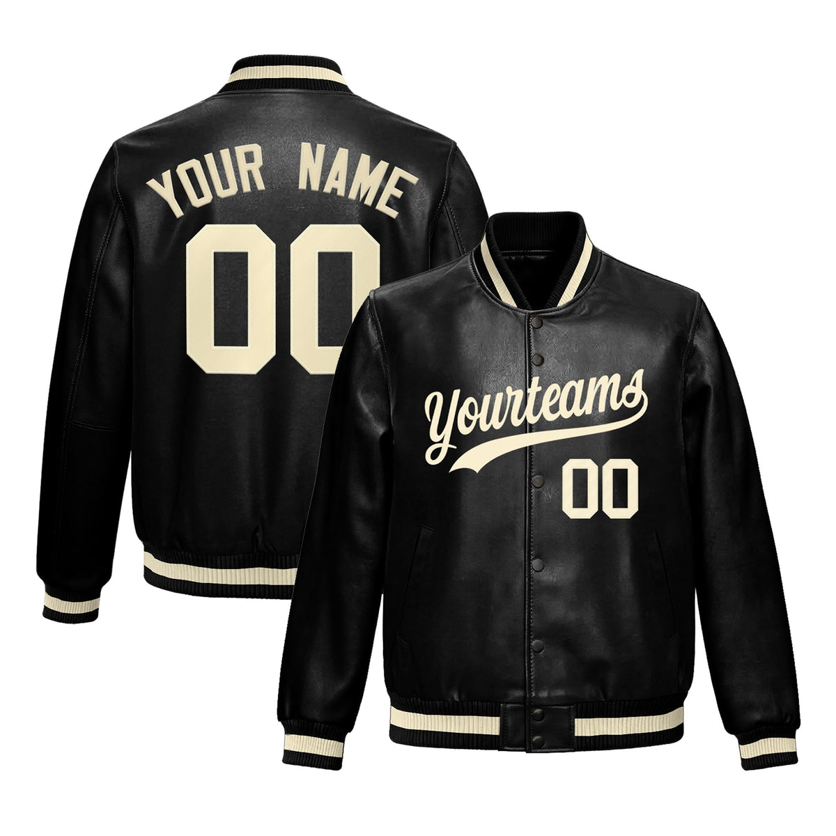 Custom Black Cream Jacket Full-Snap Varsity Faux Leather Letterman Jacket
