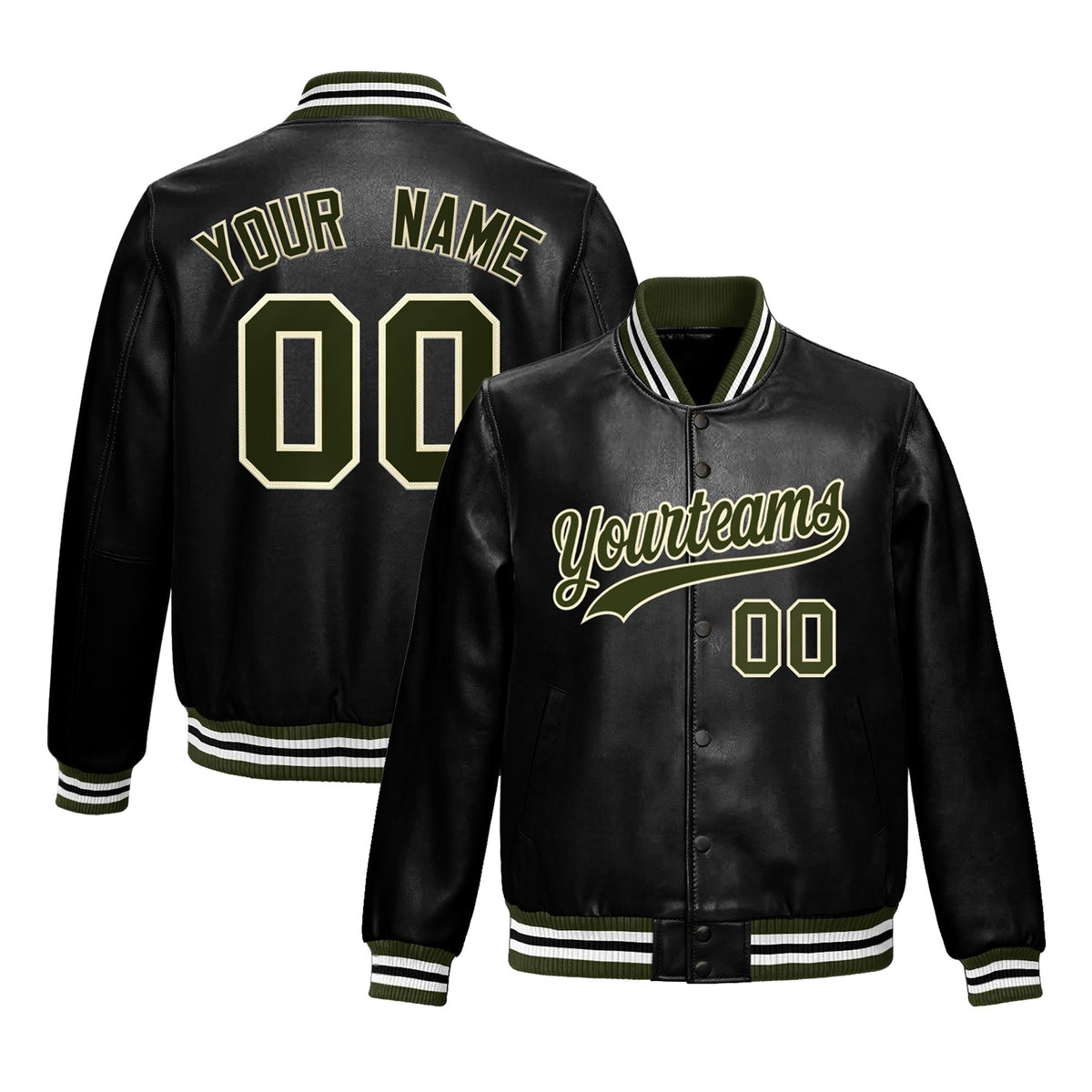 Custom Black Olive Jacket Full-Snap Varsity Faux Leather Letterman Jacket