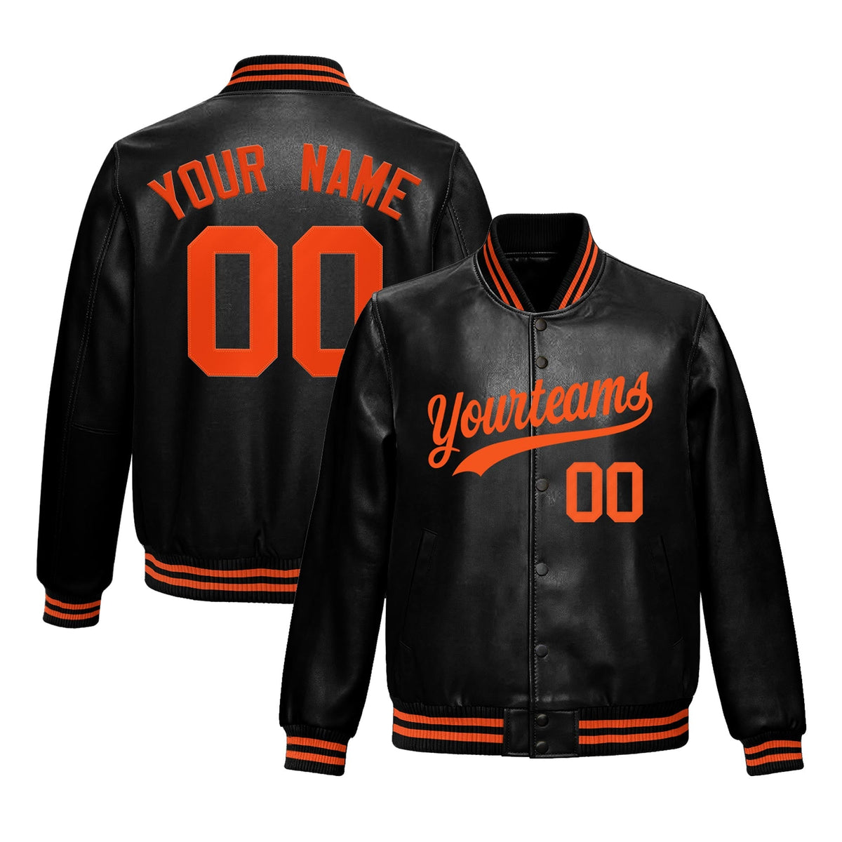 Custom Black Orange Jacket Full-Snap Varsity Faux Leather Letterman Jacket