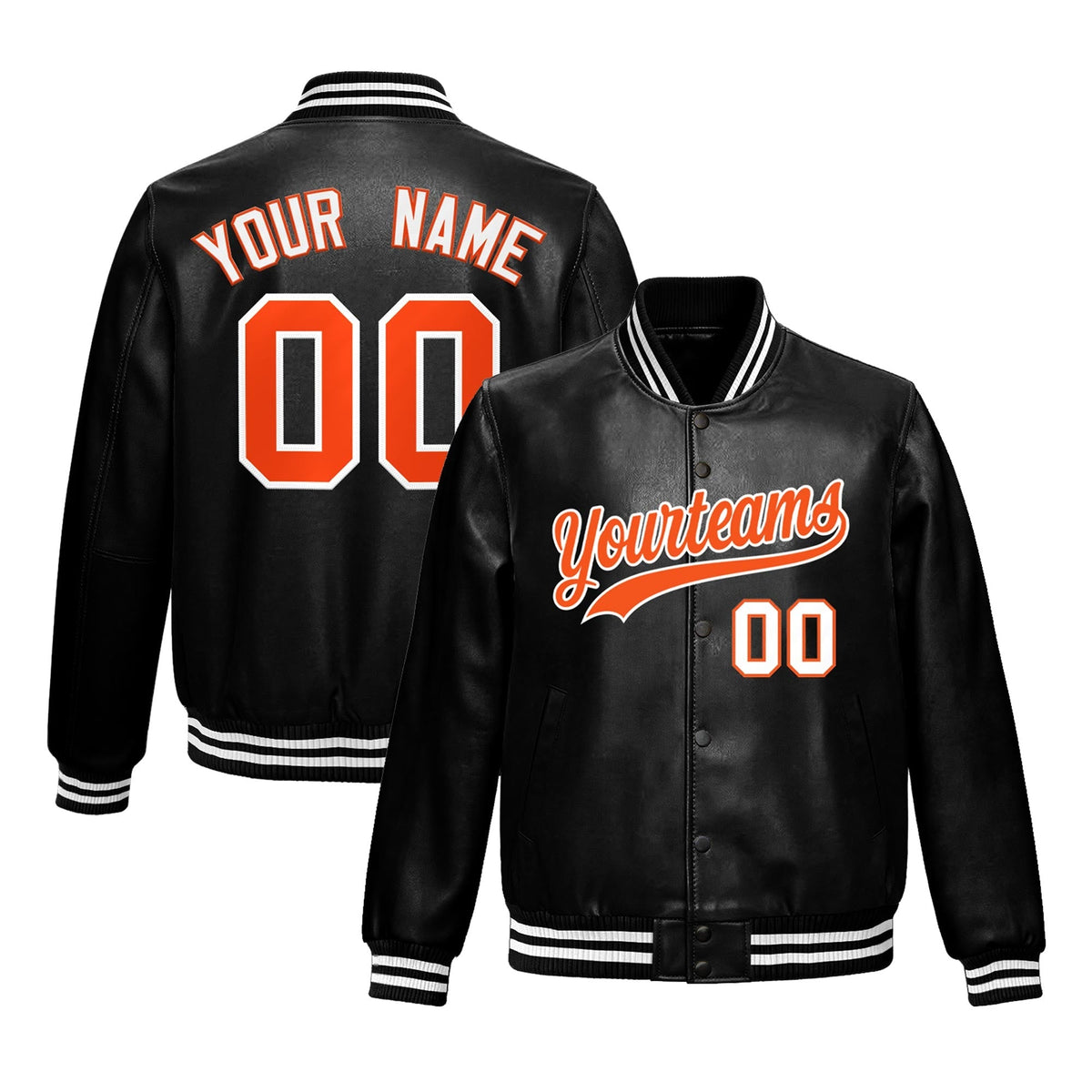 Custom Black Orange White Jacket Full-Snap Varsity Faux Leather Letterman Jacket