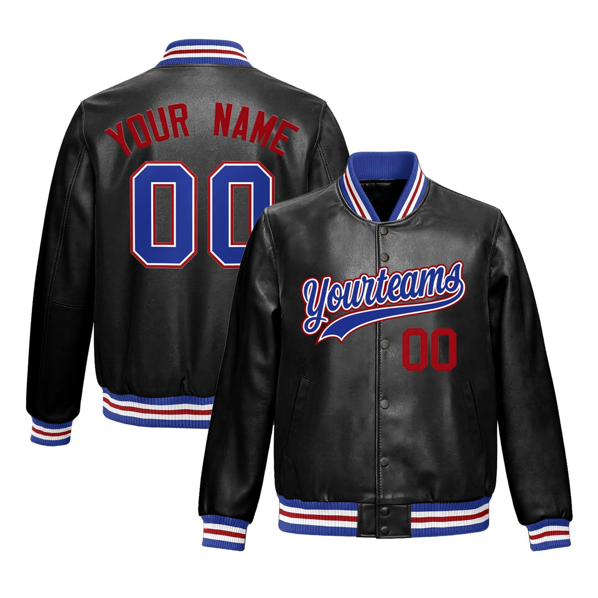Custom Black Royal Blue Jacket Full-Snap Varsity Faux Leather Letterman Jacket