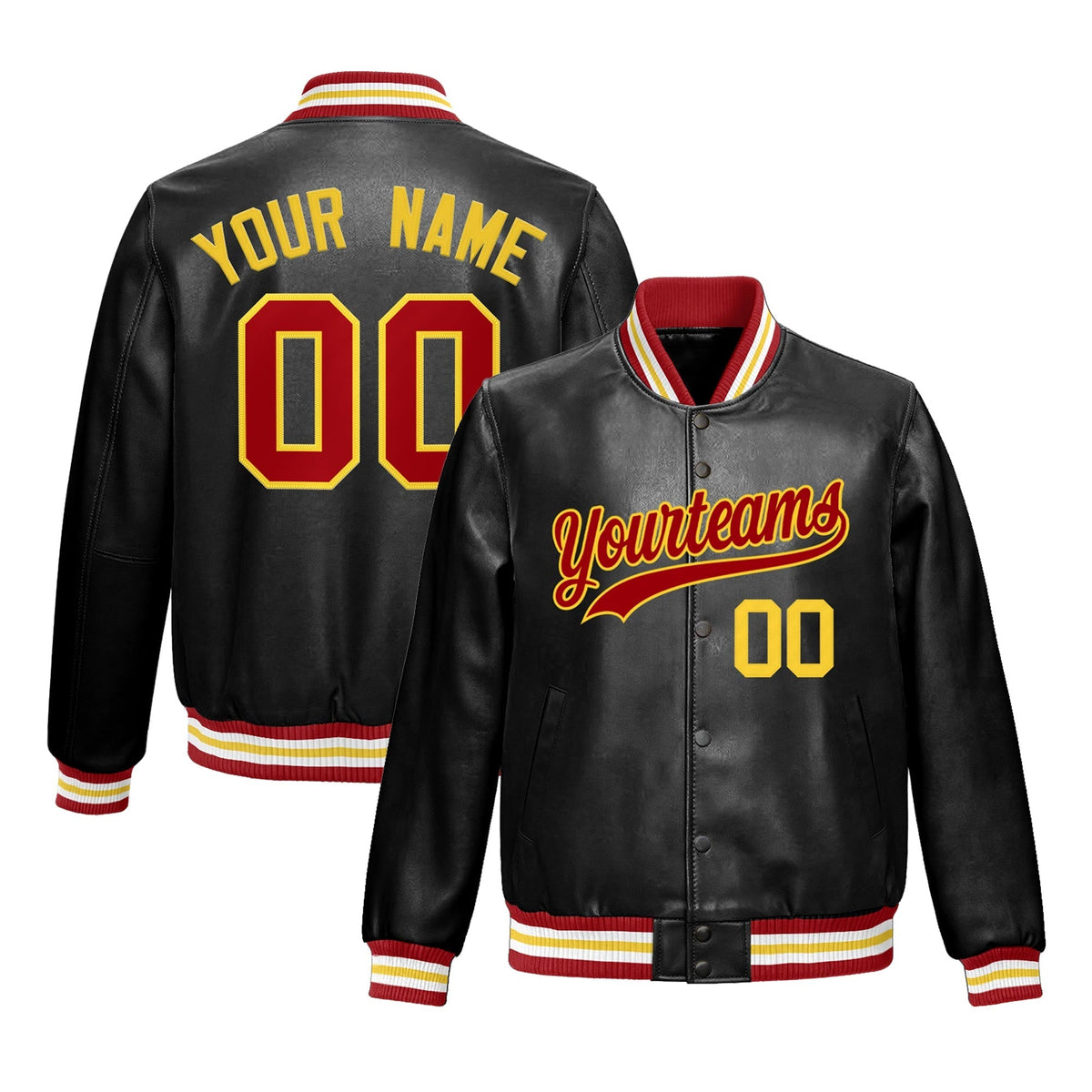 Custom Black Red Gold Jacket Full-Snap Varsity Faux Leather Letterman Jacket