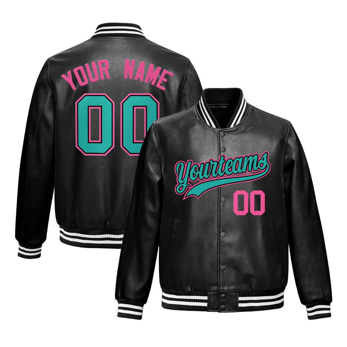 Custom Black Aqua Jacket Full-Snap Varsity Faux Leather Letterman Jacket