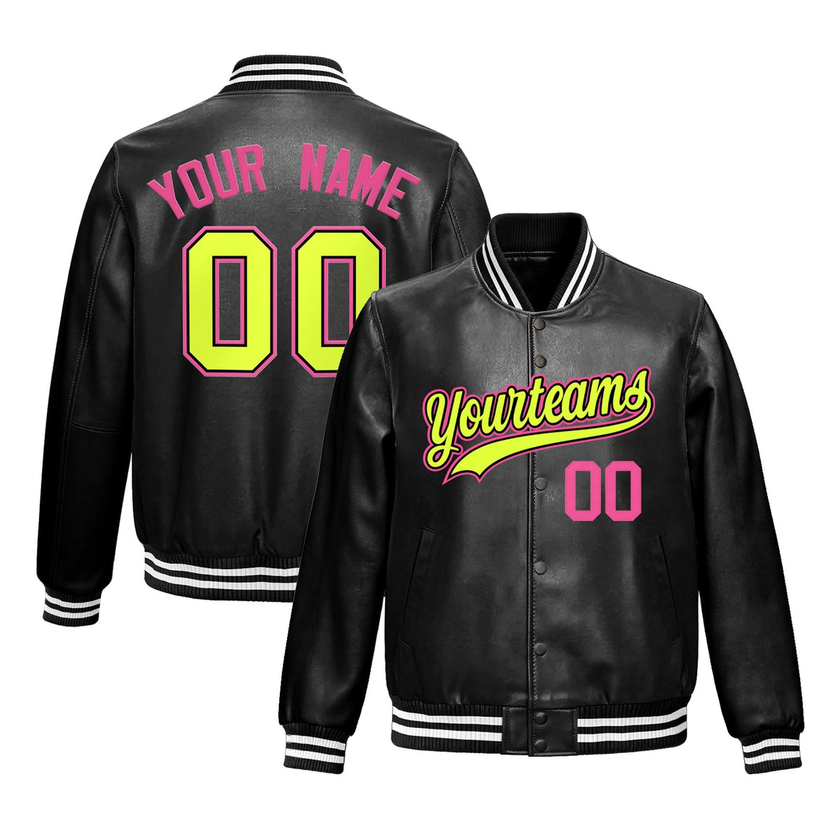 Custom Black Fluorescent Green Jacket Full-Snap Varsity Faux Leather Letterman Jacket