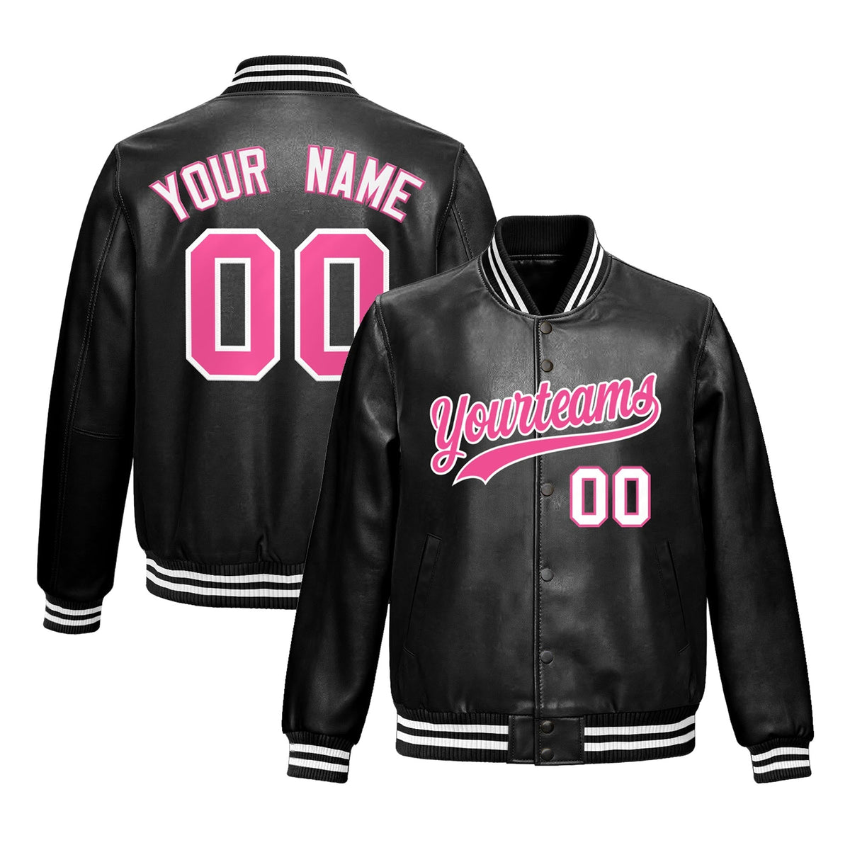 Custom Black Pink White Jacket Full-Snap Varsity Faux Leather Letterman Jacket