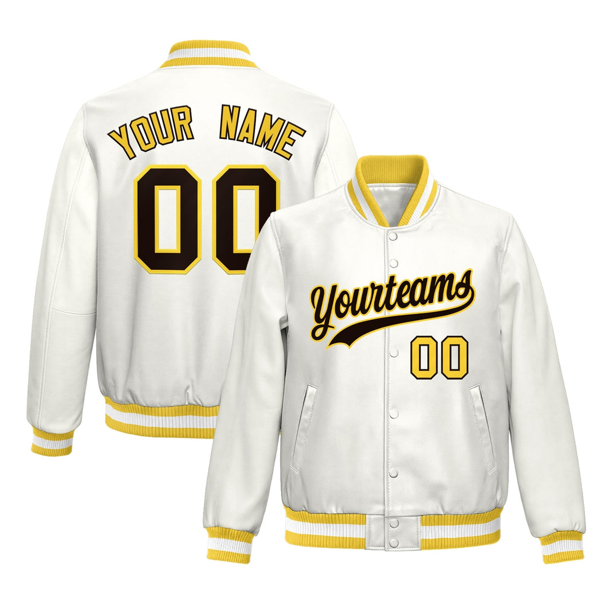 Custom Gold White Jacket Full-Snap Varsity Faux Leather Letterman Jacket