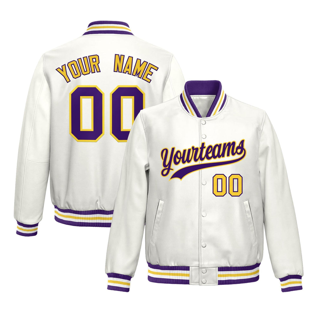 Custom White Purple Yellow Jacket Full-Snap Varsity Faux Leather Letterman Jacket