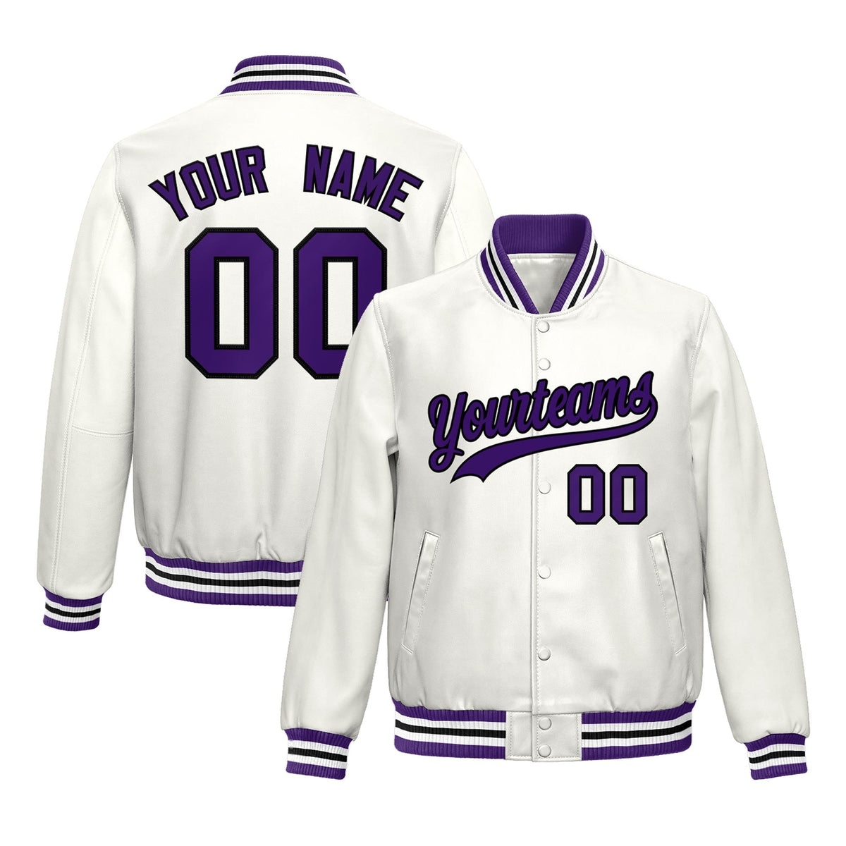 Custom White Purple Jacket Full-Snap Varsity Faux Leather Letterman Jacket