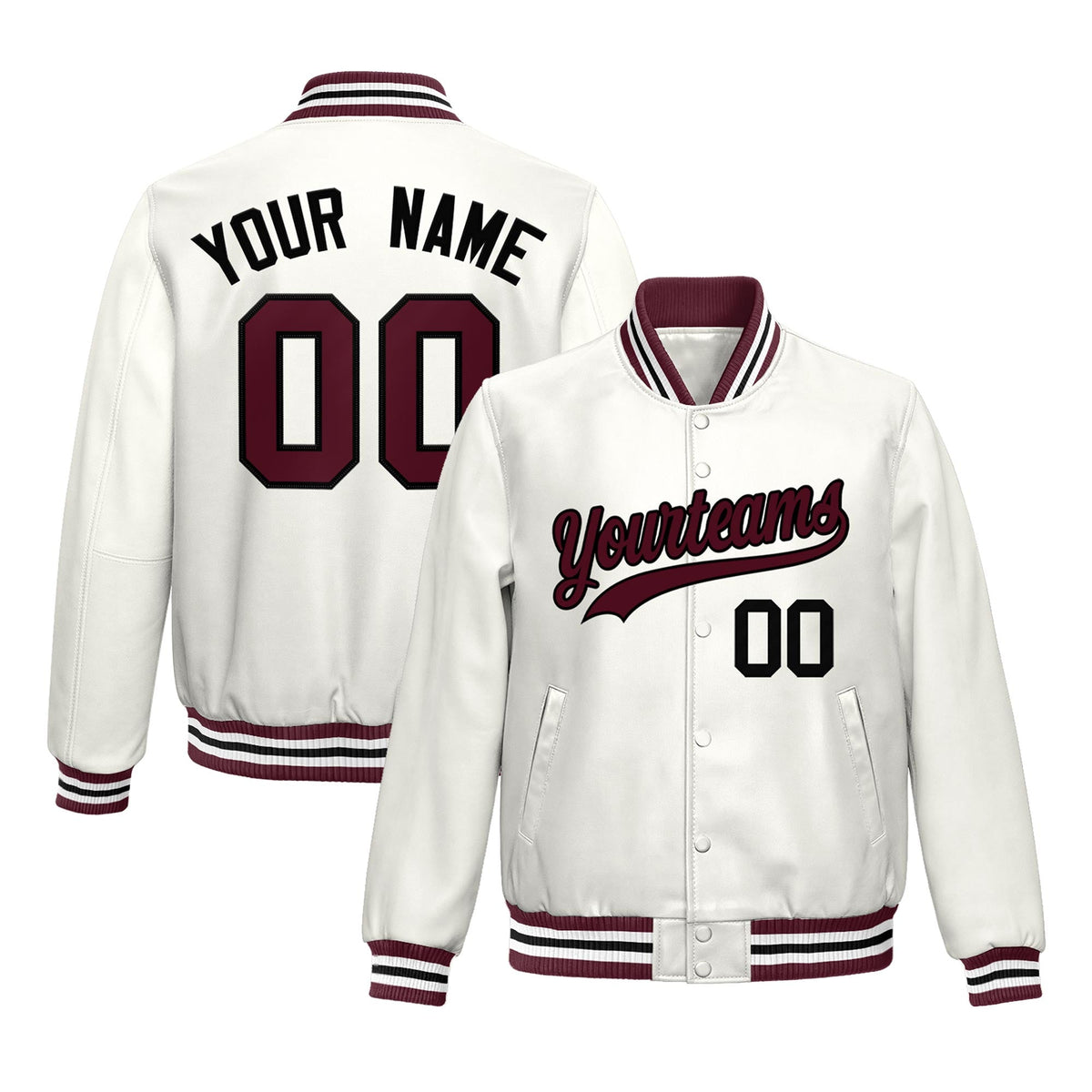 Custom White Crimson Jacket Full-Snap Varsity Faux Leather Letterman Jacket