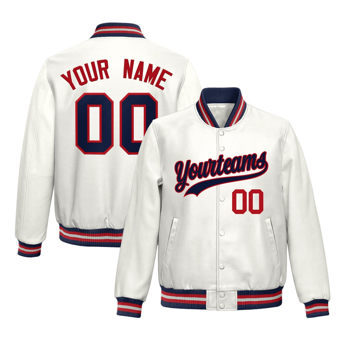 Custom White Navy Red Jacket Full-Snap Varsity Faux Leather Letterman Jacket