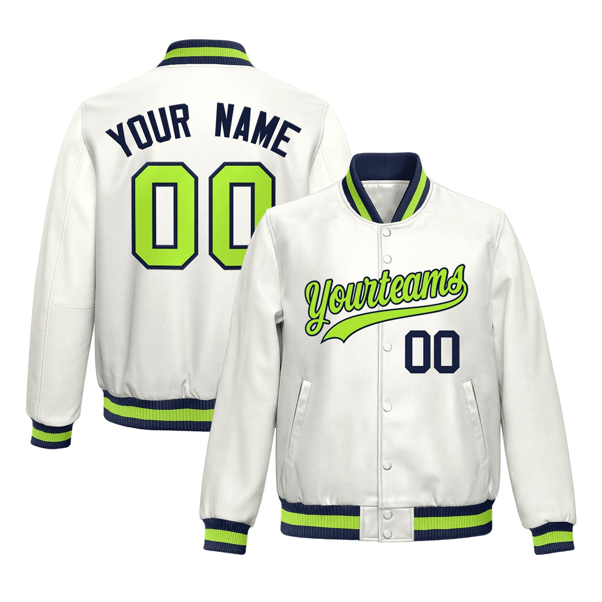 Custom White Neon Green Jacket Full-Snap Varsity Faux Leather Letterman Jacket