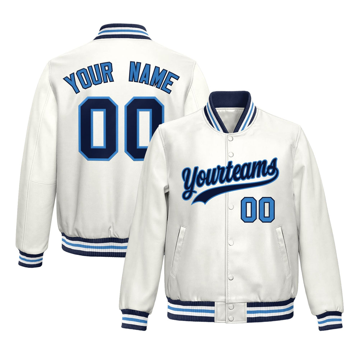 Custom White Light Blue Jacket Full-Snap Varsity Faux Leather Letterman Jacket