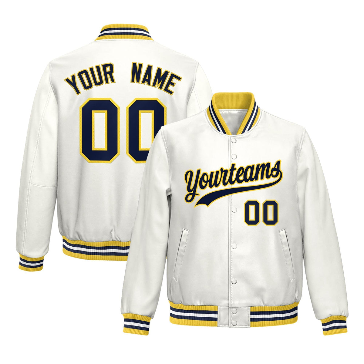 Custom White Yellow Navy Jacket Full-Snap Varsity Faux Leather Letterman Jacket