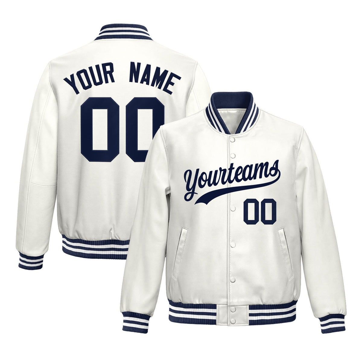 Custom White Navy Jacket Full-Snap Varsity Faux Leather Letterman Jacket