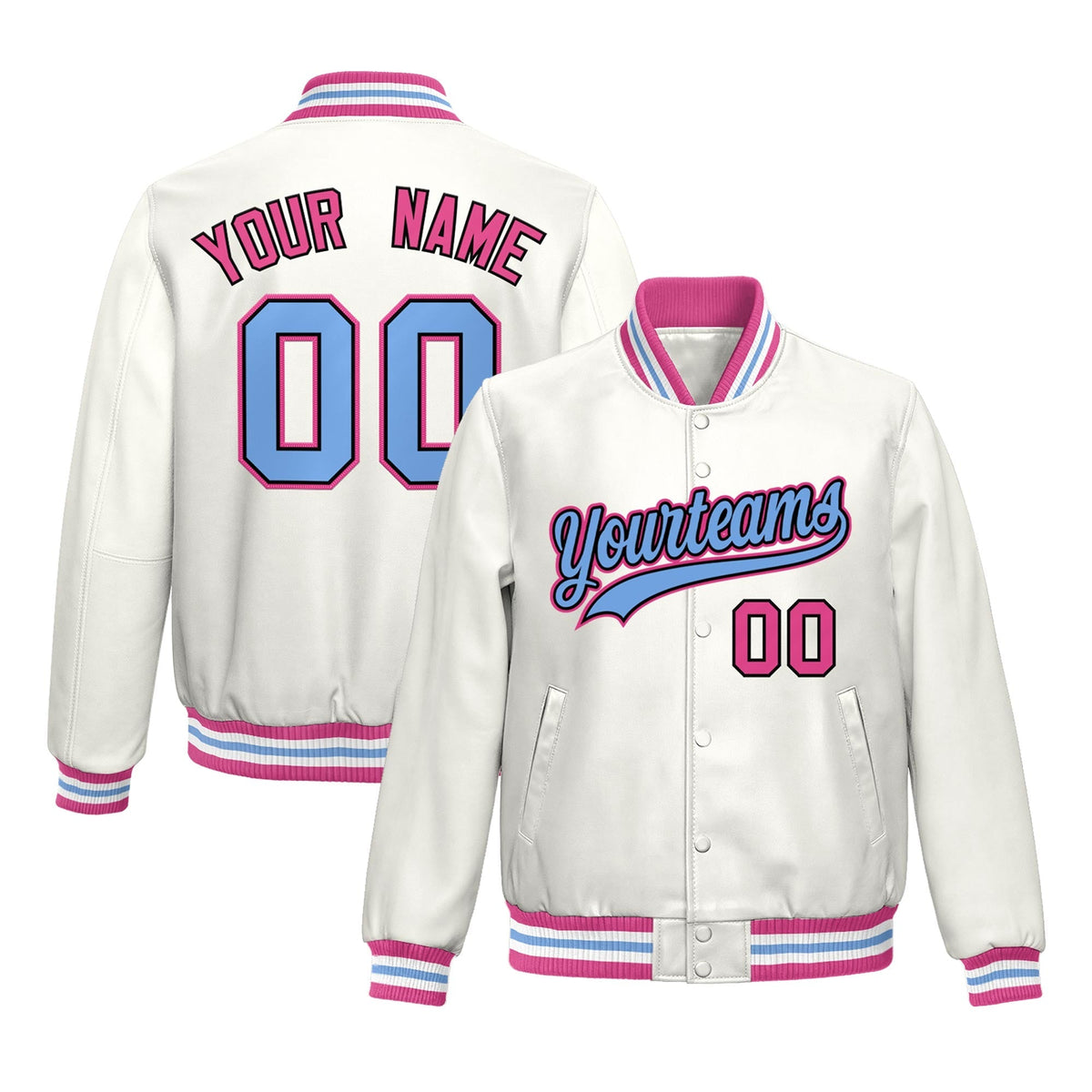 Custom White Pink Jacket Full-Snap Varsity Faux Leather Letterman Jacket
