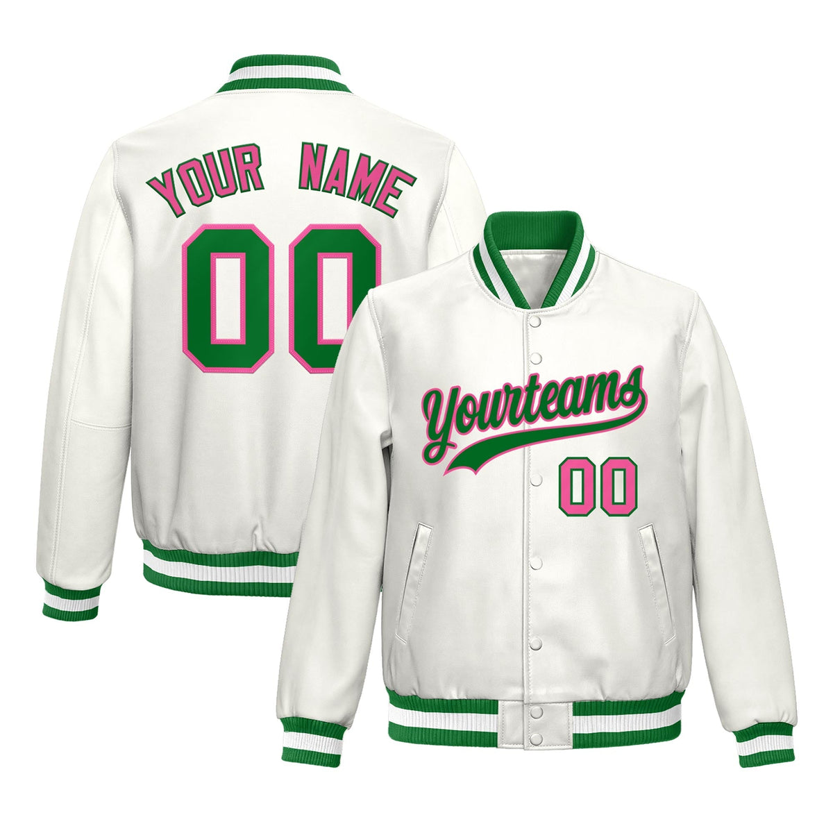 Custom White Kelly Green Pink Jacket Full-Snap Varsity Faux Leather Letterman Jacket